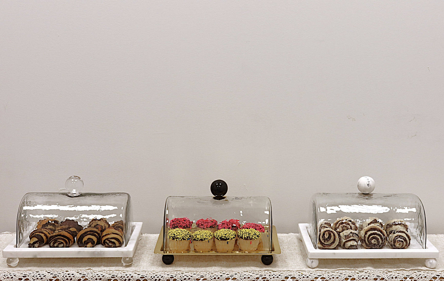 Marble Cake Platter with Glass Cover and White Marble Ball Knob