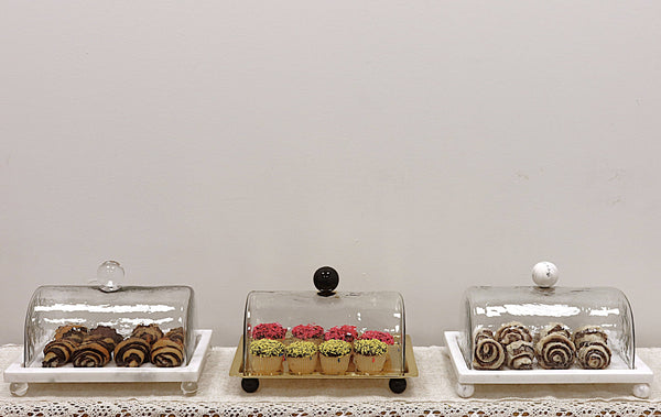 Marble Cake Platter with Glass Cover and White Marble Ball Knob
