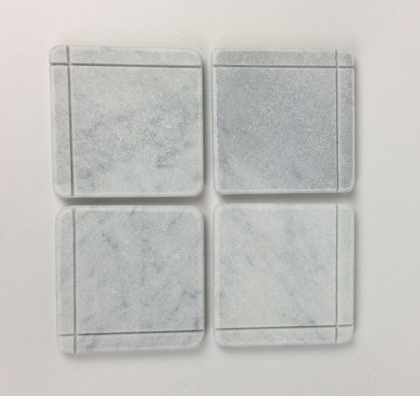 Craftsman Style Marble Coasters – White Carrara Marble Stone Coasters, Set of 4, Design C
