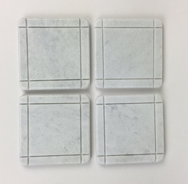 Arts & Crafts Style Marble Coasters – White Carrara Marble Stone Coasters, Set of 4, Design D