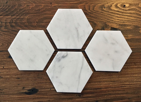 Hexagon Coasters in White Carrara Marble – Geometric Design - Set of 4 Stone Coasters