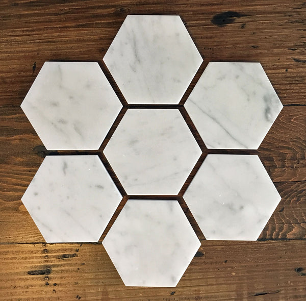 Geometric Coasters in White Carrara Marble - Set of Six Hexagon Coasters