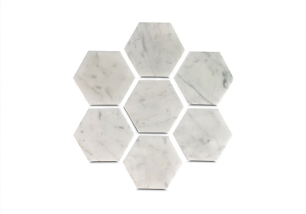 Geometric Coasters in White Carrara Marble - Set of Six Hexagon Coasters