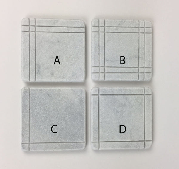 Arts & Crafts Style Marble Coasters – White Carrara Marble Stone Coasters, Set of 4, Design D